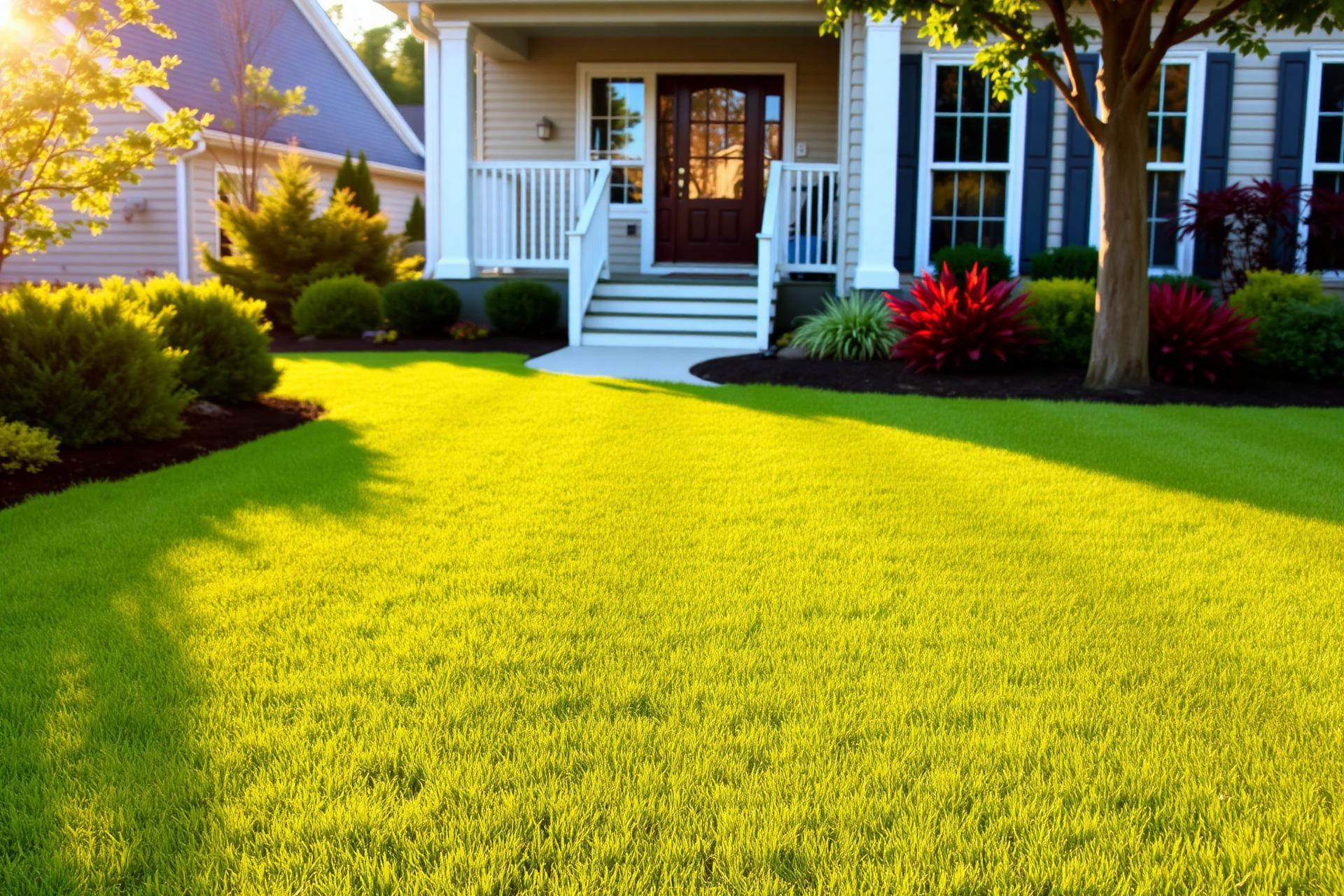 Beautifully maintained suburban lawn at golden hour